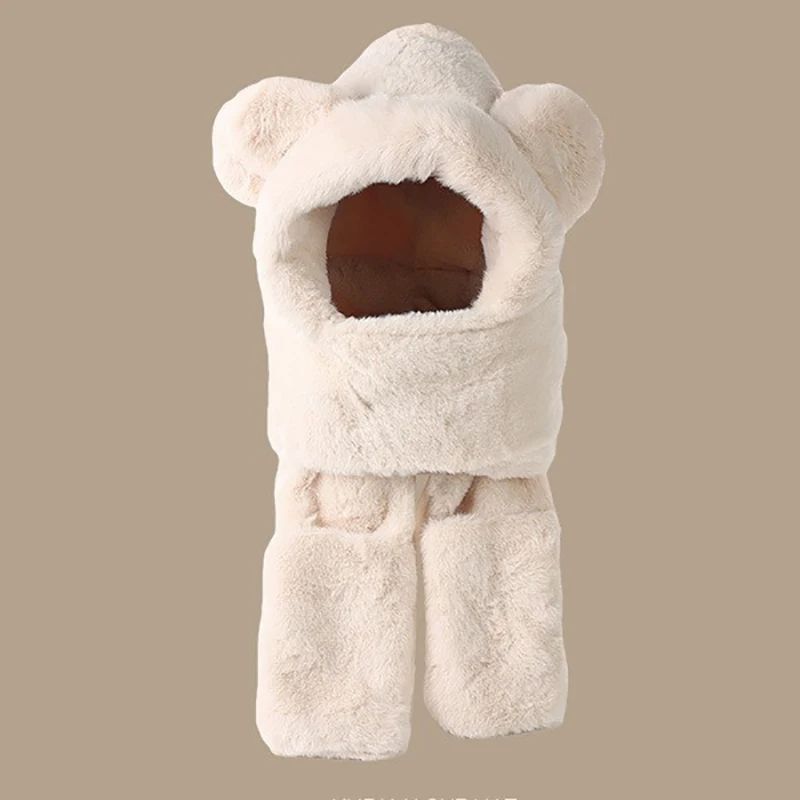 Plush Fleece 3-in-1 Bear Ear Hooded Cap Scarf and Gloves Set