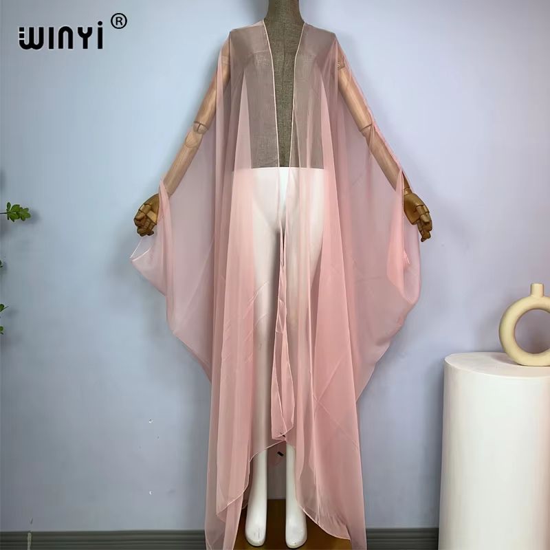 WINYI Monochrome Sheer Kimono Swimsuit Cover Up Dress for Women