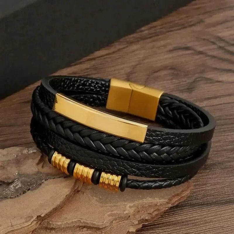 Multi Layer PU Leather Mens Bracelet with Magnetic Closure Gold Tube Charm