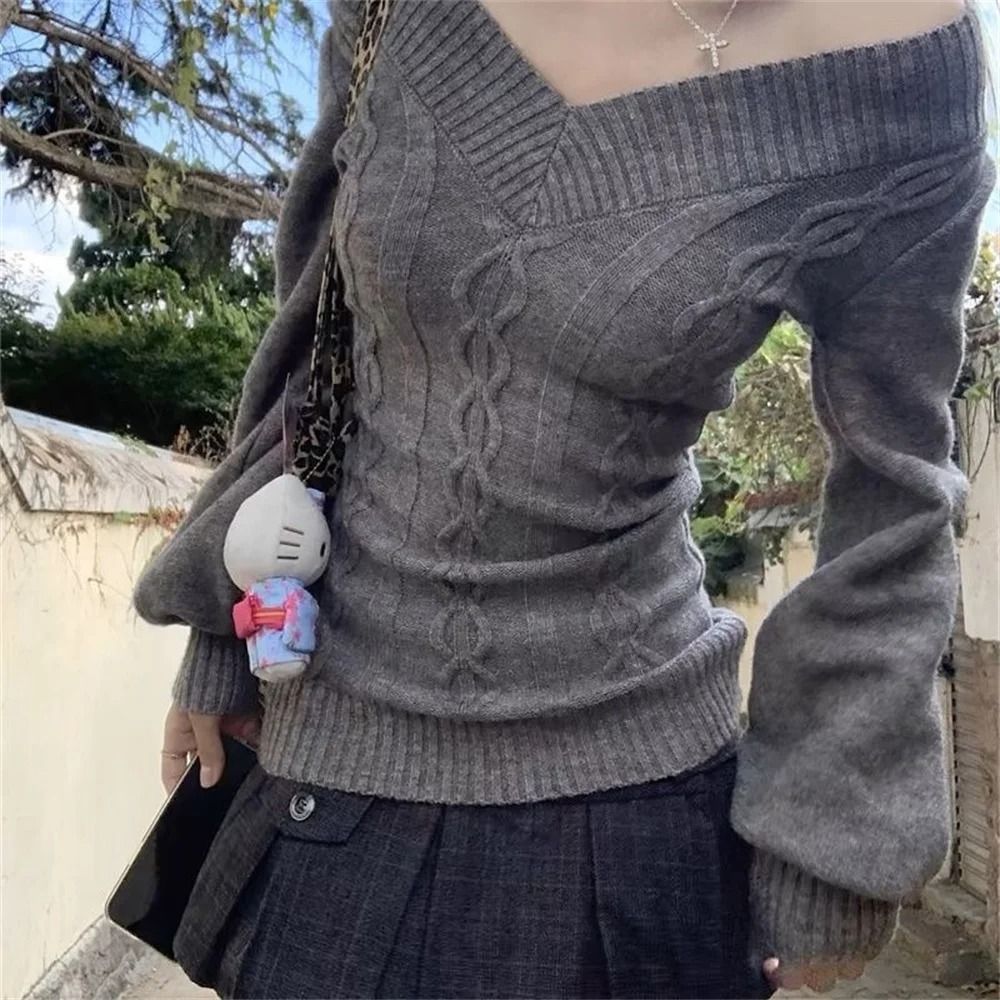 Fashion Vintage V-Neck Knitted Top – Early Autumn Slim Sexy Gray Pullover Sweater for Women
