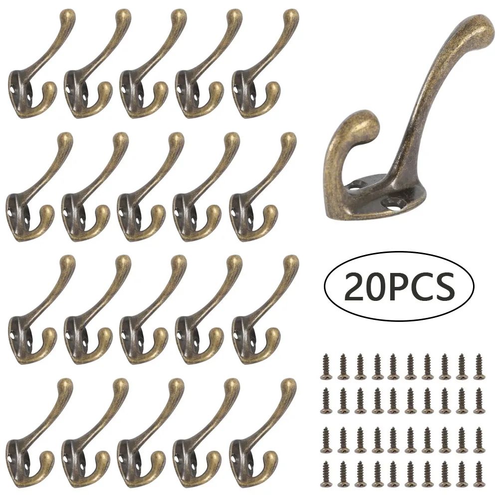 Vintage Bronze Heavy duty coat hooks Set (10/20 Pack), Wall-Mounted Double Prong Hooks with Screws