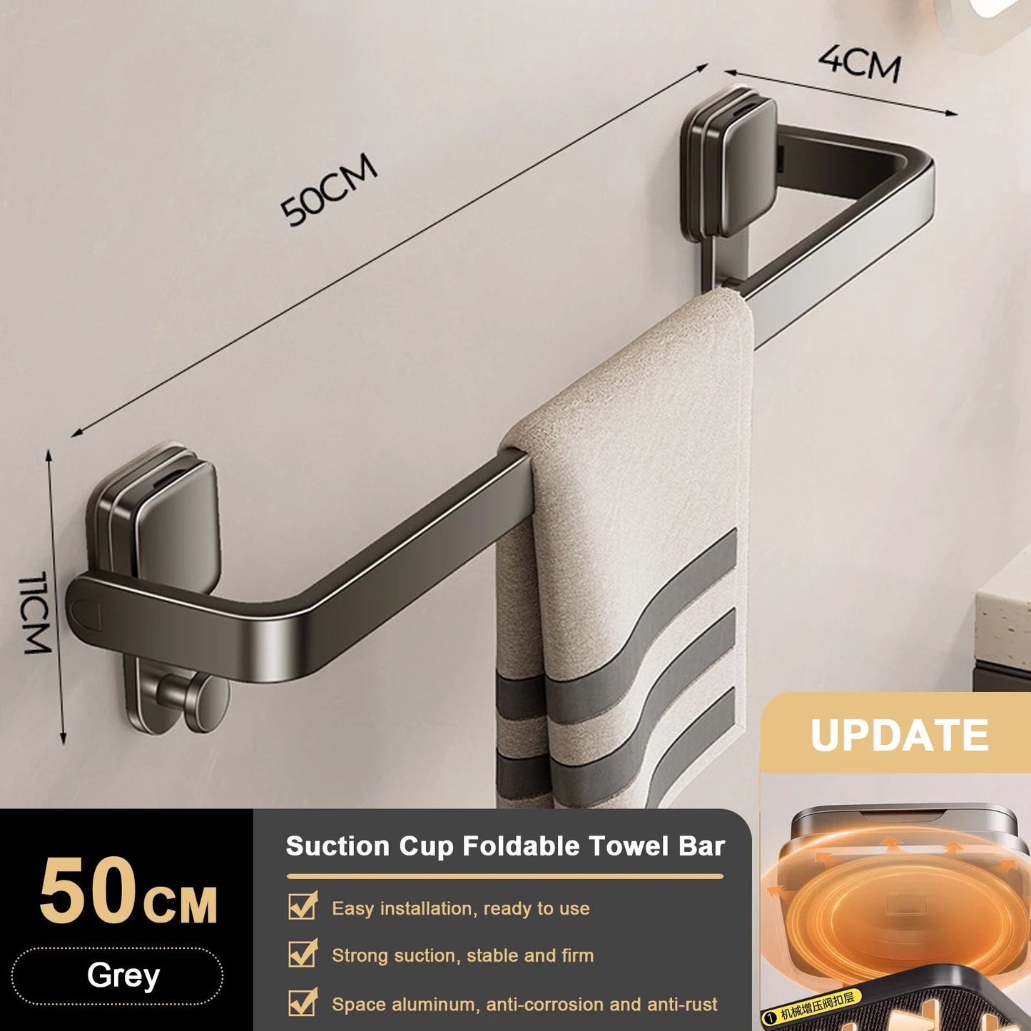 FlexiHold No Drill Towel Bar – Folding Suction Cup Wall Mount Towel Holder
