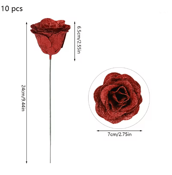 10 Piece Glitter Red Artificial Rose Bouquet for Wedding and Party Decor