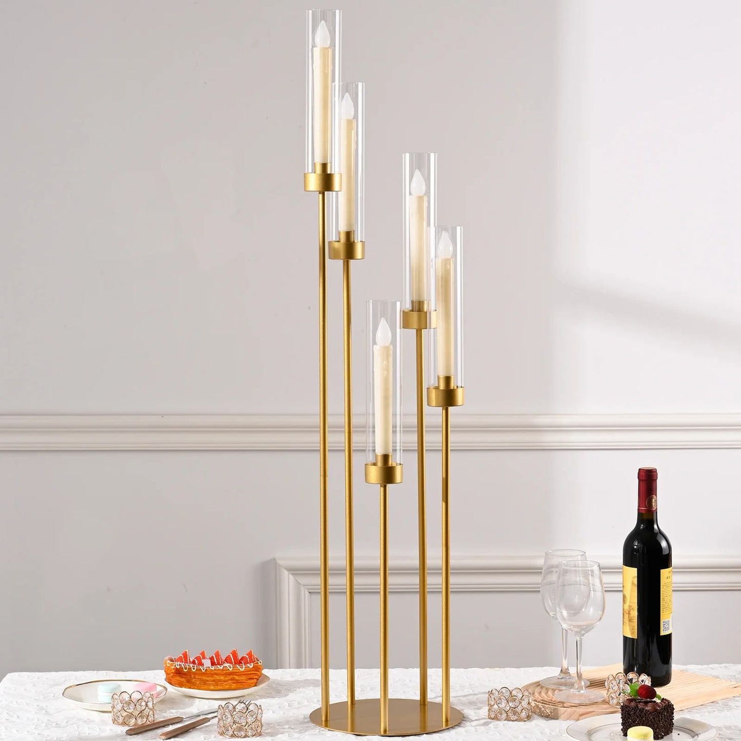 5-Arm Gold Tall Floor Candelabra with Acrylic Shades
