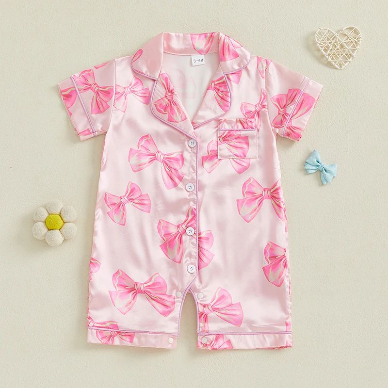 Princess Bow Satin Toddler Pajama Set – Soft Button-Up Baby Girl Sleepwear with Shorts