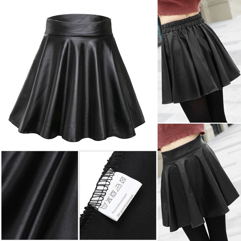 High Waist Faux Leather Mini Skirt – Elastic Waist Womens Leather Skater Skirt