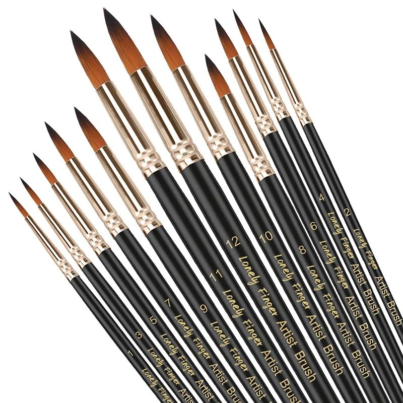 12 Piece Artist Paint Brush Set for Acrylic Watercolor and Fine Detail Painting