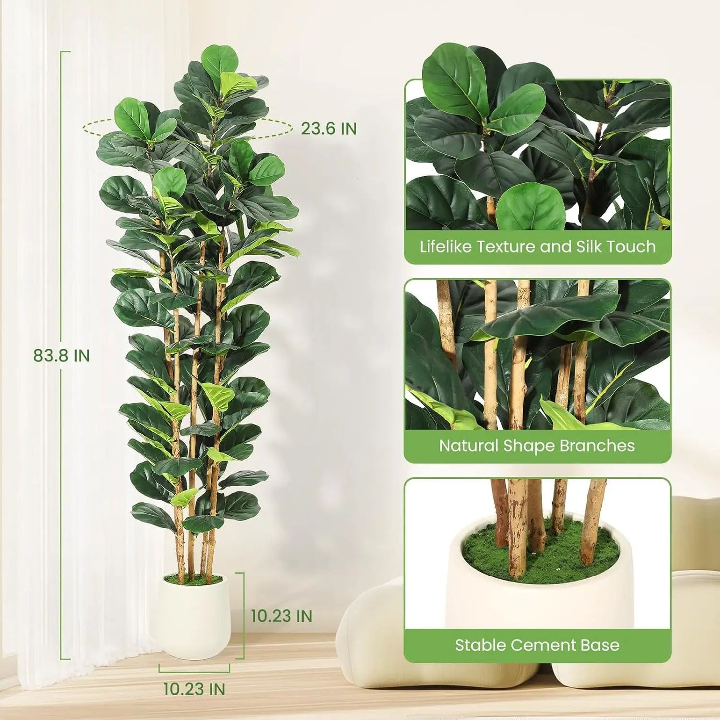 Tall Artificial Fiddle Leaf Fig Tree with Pot – Realistic Faux Plant Decor for Stylish Indoor Spaces