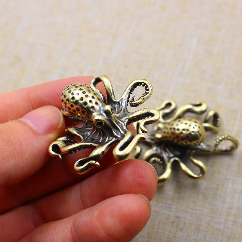 Brass Octopus Figurine Mini Sea Animal Desk Decor Tea Pet Ornament