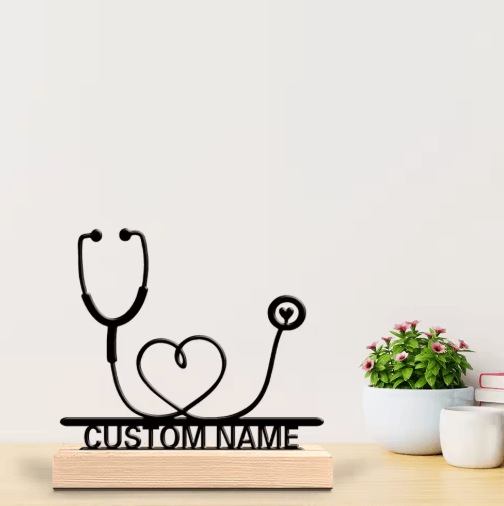 Personalized Stethoscope Metal Sculpture – Custom Doctor Desk Decor with Wooden Base