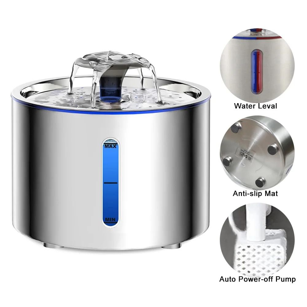 Stainless Steel Cat Water Fountain With LED Auto Power Off Non Slip Mat For Pets