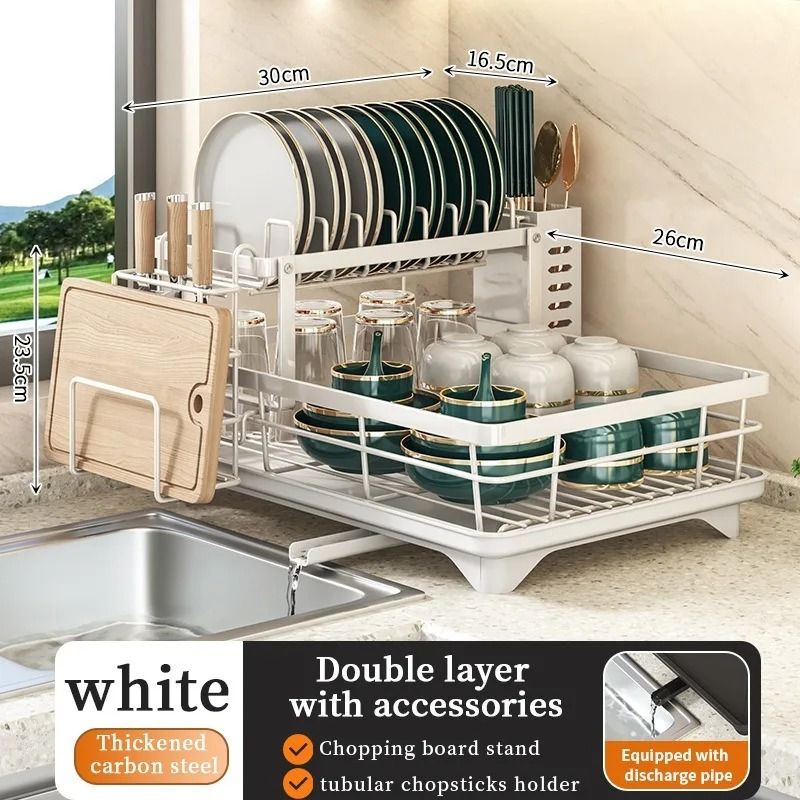 Adjustable Stainless Steel Dish Drying Rack with Cutting Board and Bowl Organizer