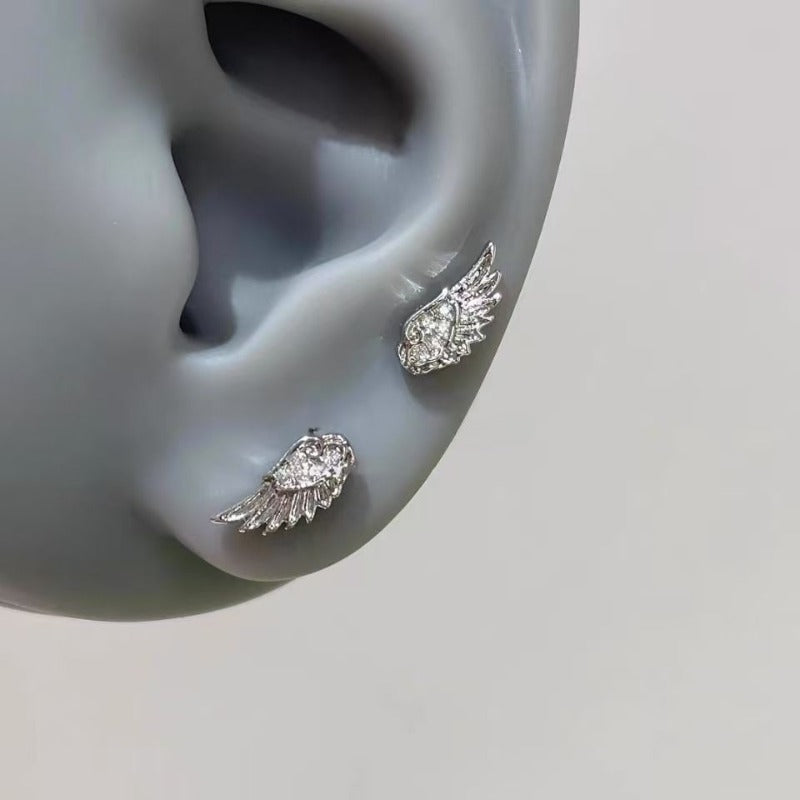 Crystal Wing Stud Earrings for Women Hypoallergenic Silver Cross Screw Back Cartilage Earrings