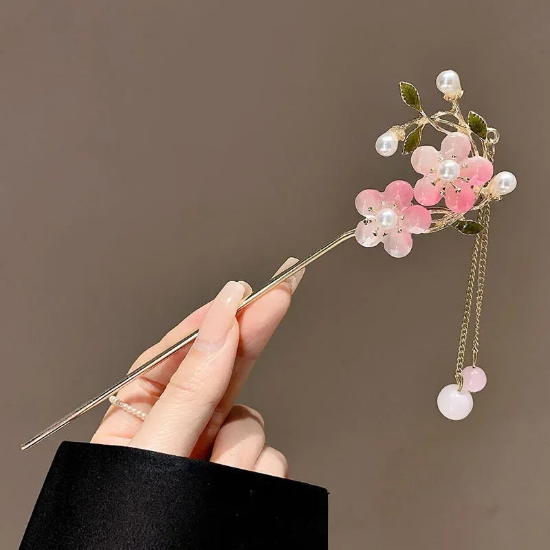 Chinese Flower Tassel Hair Stick Elegant Ancient Style Hanfu Hairpin for Women