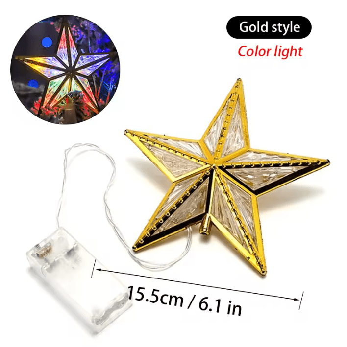 LED Christmas Tree Top Star Gold Pentagram Battery Operated Tree Topper Light