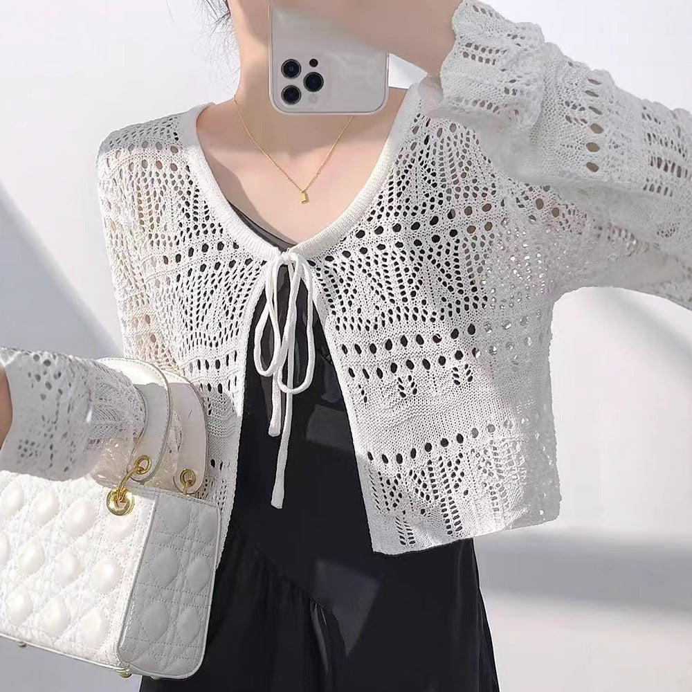 Aura Crochet Knit Cardigan Tie Front Long Sleeve Crop Top Boho Beach Cover Up