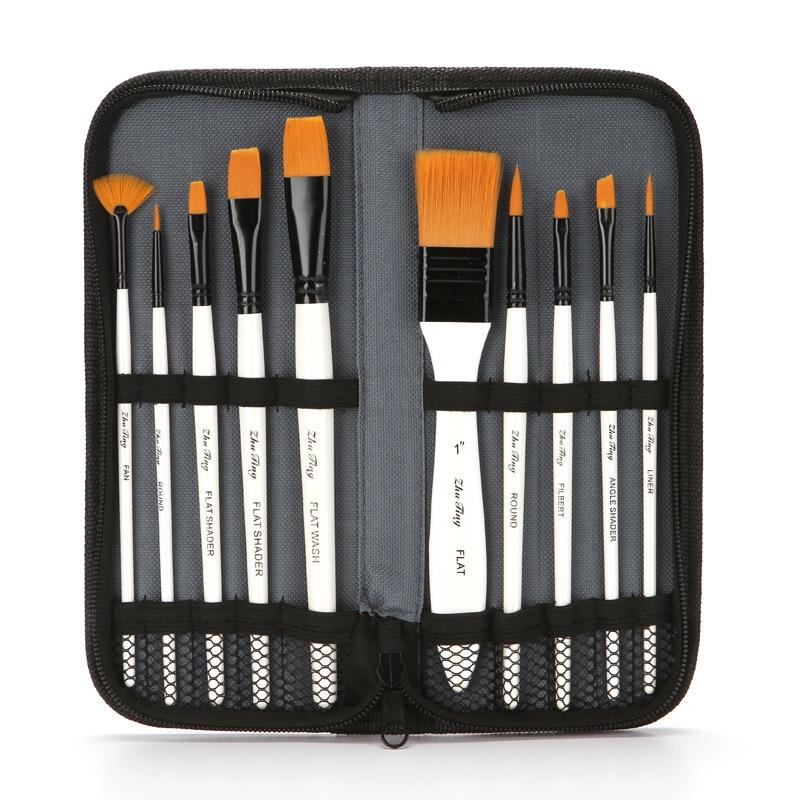 10 in 1 Watercolor Paint Brushes Artist Paint Brush Set with Nylon Bristles Wooden Handles and Storage Bag