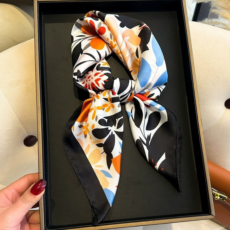 Floral Print Luxury Square Silk Scarf for Women