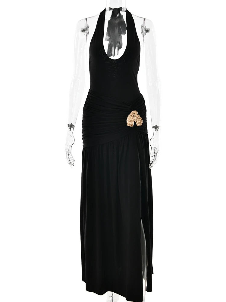Chaxiaoa Elegant Backless Sexy Maxi Dress Set Women Halter Bodysuit and Maxi Skirt Matching Set Female Ruched Split Dress Sets