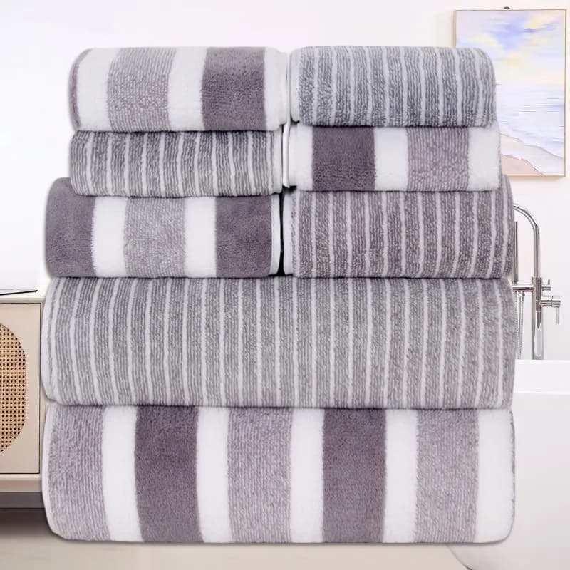 8pcs Coral Fleece Set: Towels, Washcloths, Bath Towels, Quick-Drying Striped Adult Face Towels for Bathrooms