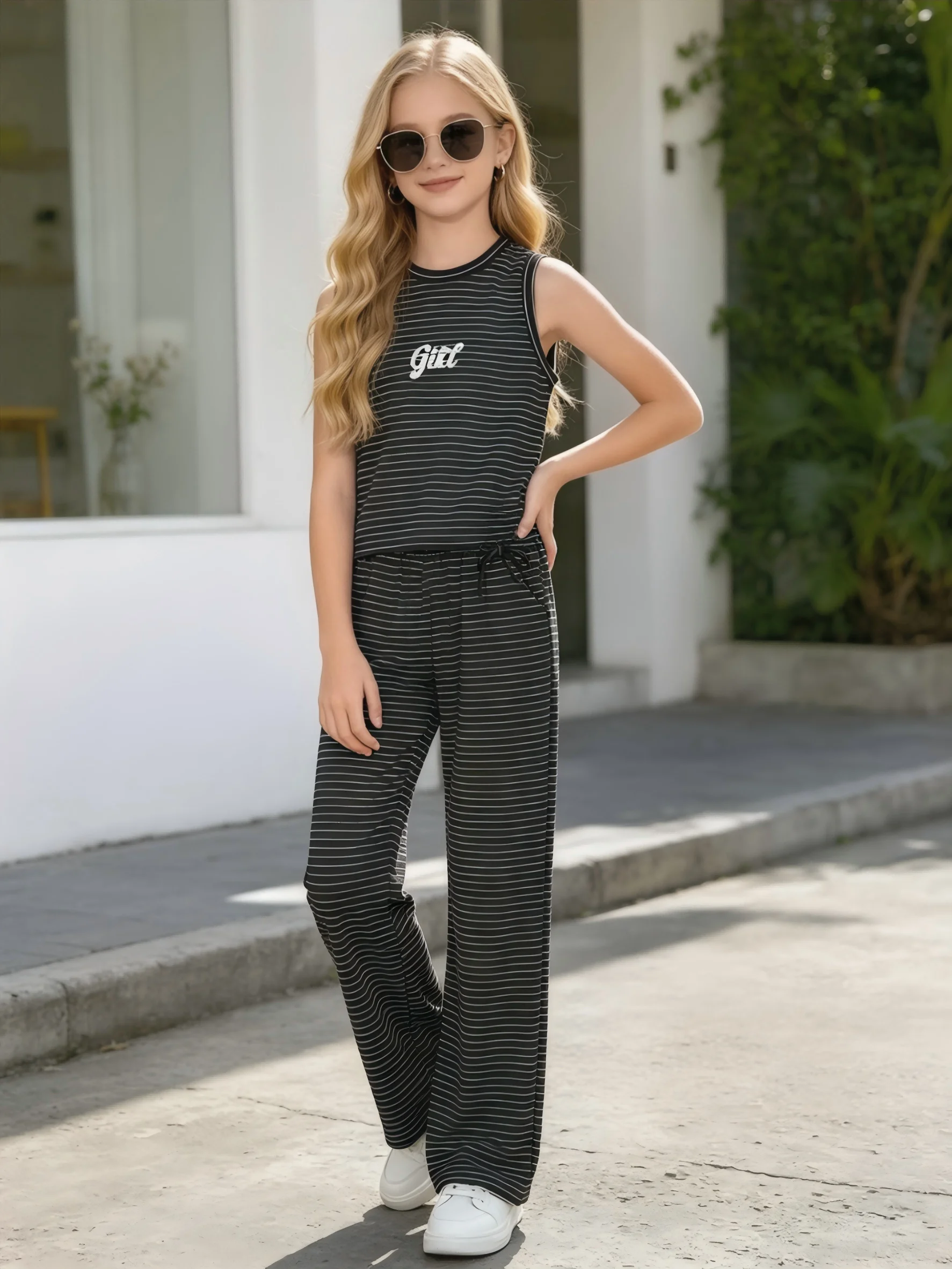 Summer Children's Two-Piece Set Striped Sleeveless Vest And Trousers Casual Comfortable Sporty Outfit for Girls