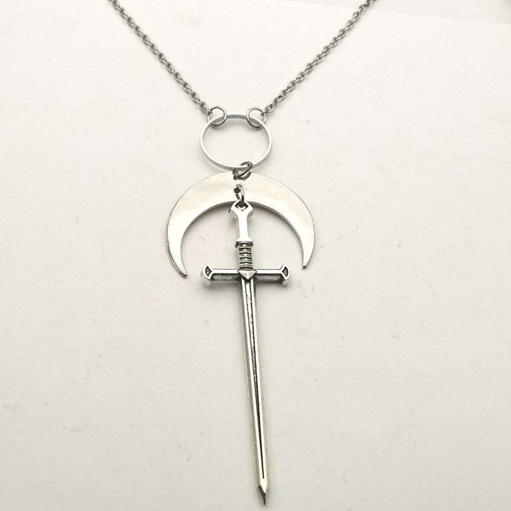 Zinc Alloy Silver Sword Pendant Necklace With Crescent