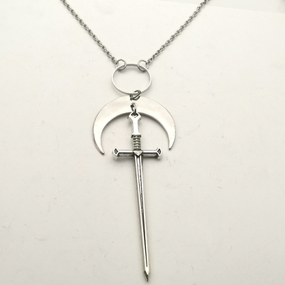 Zinc Alloy Silver Sword Pendant Necklace With Crescent