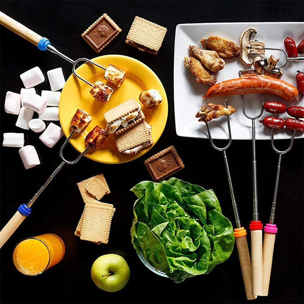 Extendable Stainless Steel Marshmallow Roasting Sticks With Wooden Handle, 8 Pcs