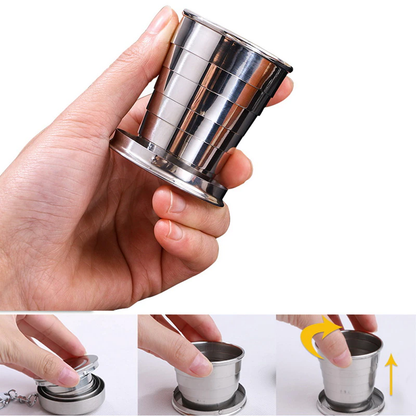 Stainless Steel Collapsible Cup with Lid & Keychain – Portable Metal Travel Cup