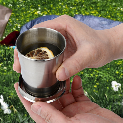 Stainless Steel Collapsible Cup with Lid & Keychain – Portable Metal Travel Cup