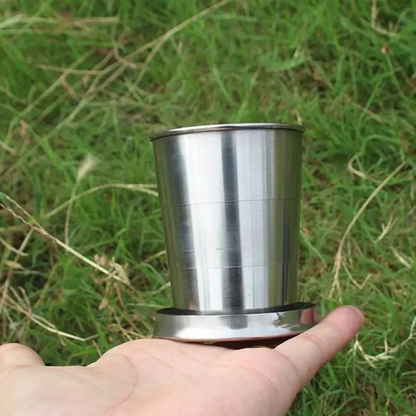 Stainless Steel Collapsible Cup with Lid & Keychain – Portable Metal Travel Cup