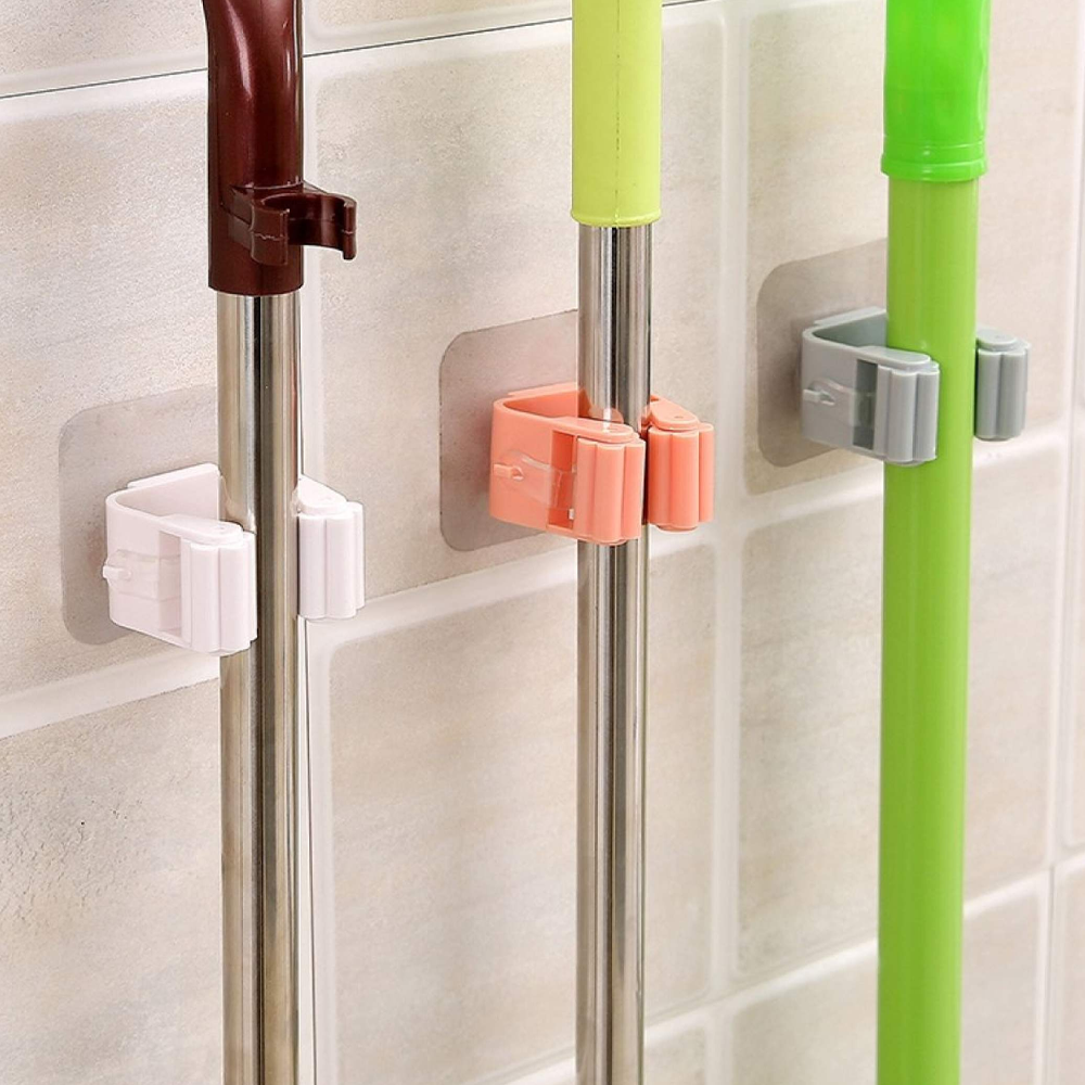 Wall-Mounted Mop and Broom Holder Adhesive No-Drill Utility Organizer Grips