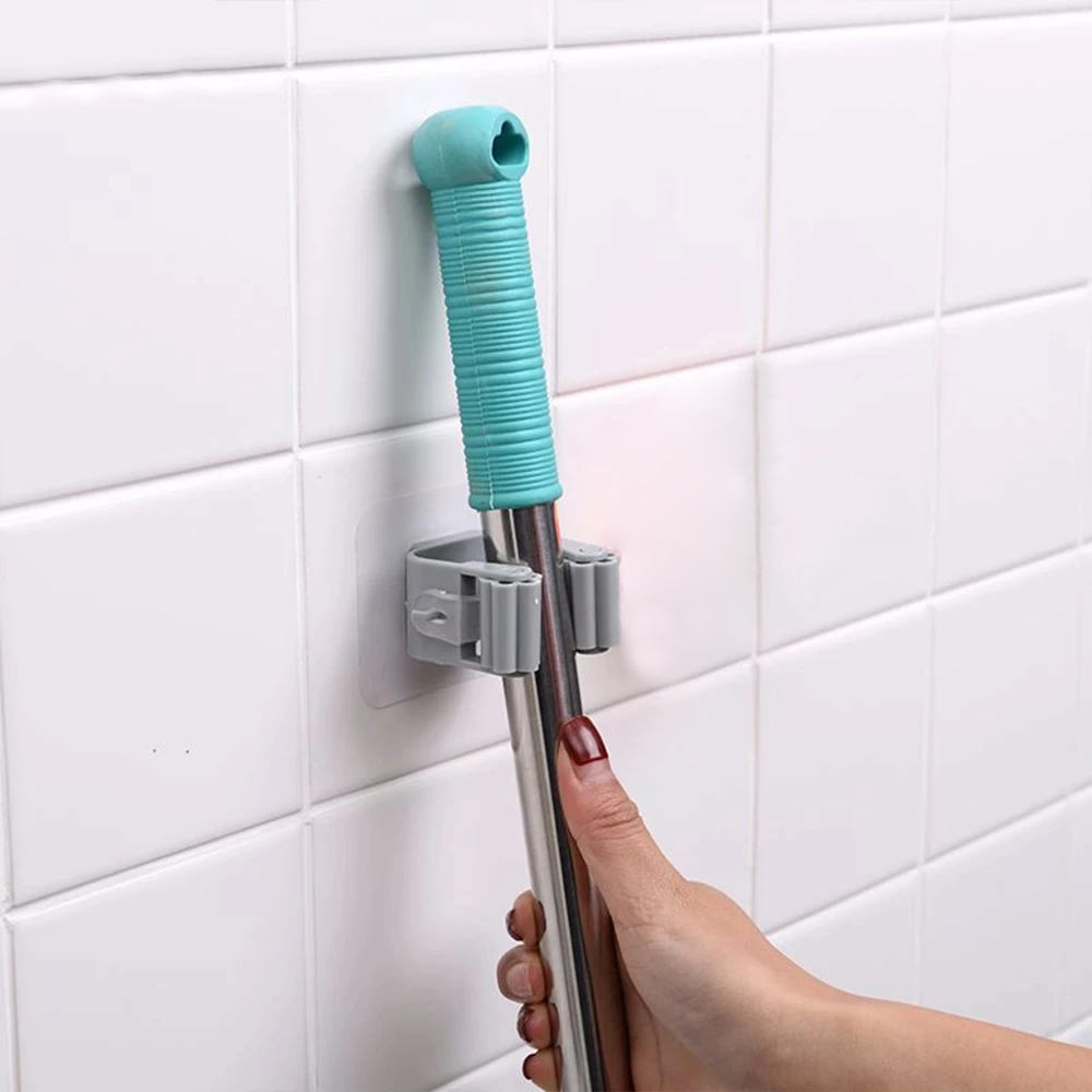 Wall-Mounted Mop and Broom Holder Adhesive No-Drill Utility Organizer Grips