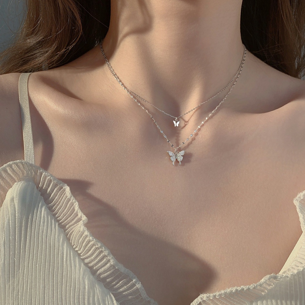 Double Layered Butterfly Necklace Silver Choker Chain