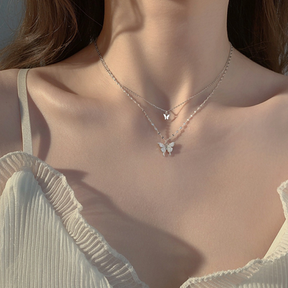 Double Layered Butterfly Necklace Silver Choker Chain