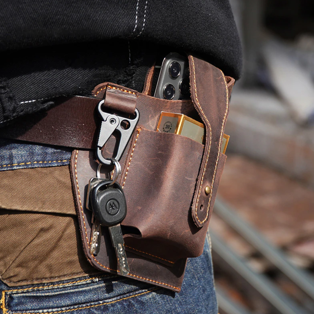 Retro Leather Waist Belt Bag for Men Vintage Belt Pouch Phone Holder for Travel & Outdoor Use