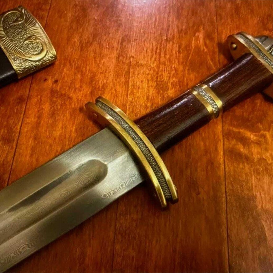 King Ragnar Sword Handmade Damascus Sword Viking With Leather Sheath