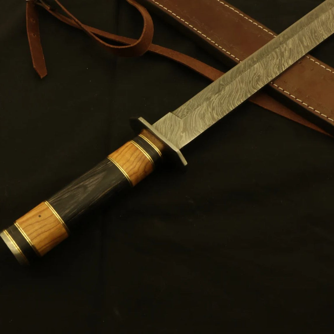 Handmade Damascus Machete Sword | Olive Pakka Wood Handle