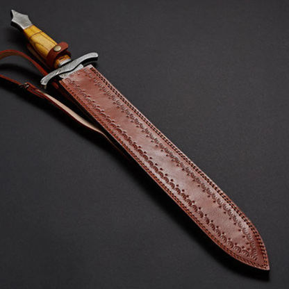 Handmade Damascus Steel Hunting Sword With Leather Sheath, Camping Sword, Adventure Lovers