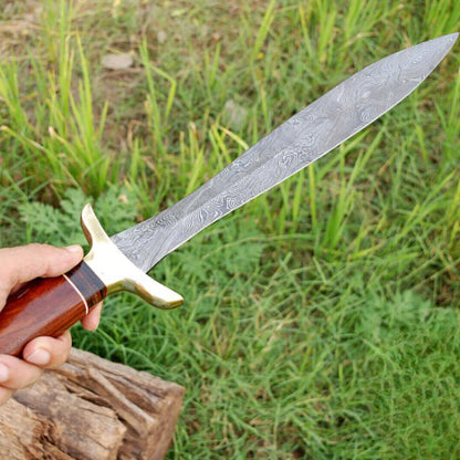 Hand Forged Damascus Steel Blade Dagger Double Edge Sword Wood and Brass Guard Handle
