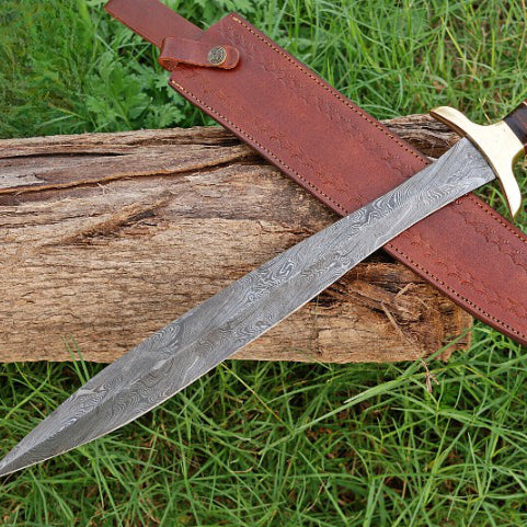 Hand Forged Damascus Steel Blade Dagger Double Edge Sword Wood and Brass Guard Handle