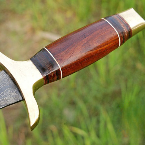 Hand Forged Damascus Steel Blade Dagger Double Edge Sword Wood and Brass Guard Handle