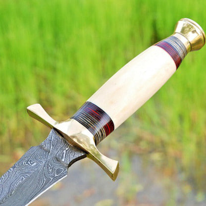 Hand Forged Damascus Steel Double Edge Blade Sword Camel Bone And Brass Guard Handle