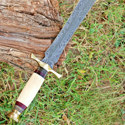 Hand Forged Damascus Steel Double Edge Blade Sword Camel Bone And Brass Guard Handle