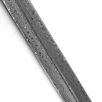 24-Inch Viking Sword, Damascus Steel Blade, Needle Point, Olive Wood Handle, Leather Sheath – Durable,