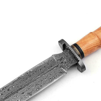24-Inch Viking Sword, Damascus Steel Blade, Needle Point, Olive Wood Handle, Leather Sheath – Durable,