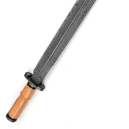 24-Inch Viking Sword, Damascus Steel Blade, Needle Point, Olive Wood Handle, Leather Sheath – Durable,