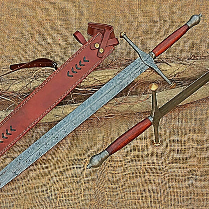 33 Inch Combat Sword Damascus Steel Viking Sword with Leather Sheath