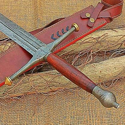 33 Inch Combat Sword Damascus Steel Viking Sword with Leather Sheath