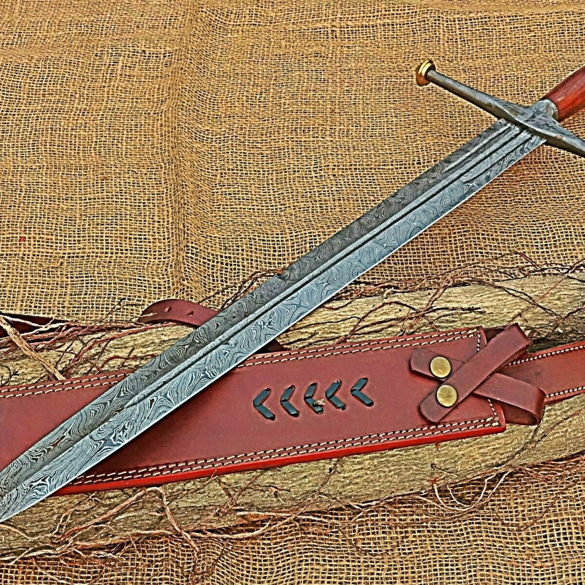 33 Inch Combat Sword Damascus Steel Viking Sword with Leather Sheath